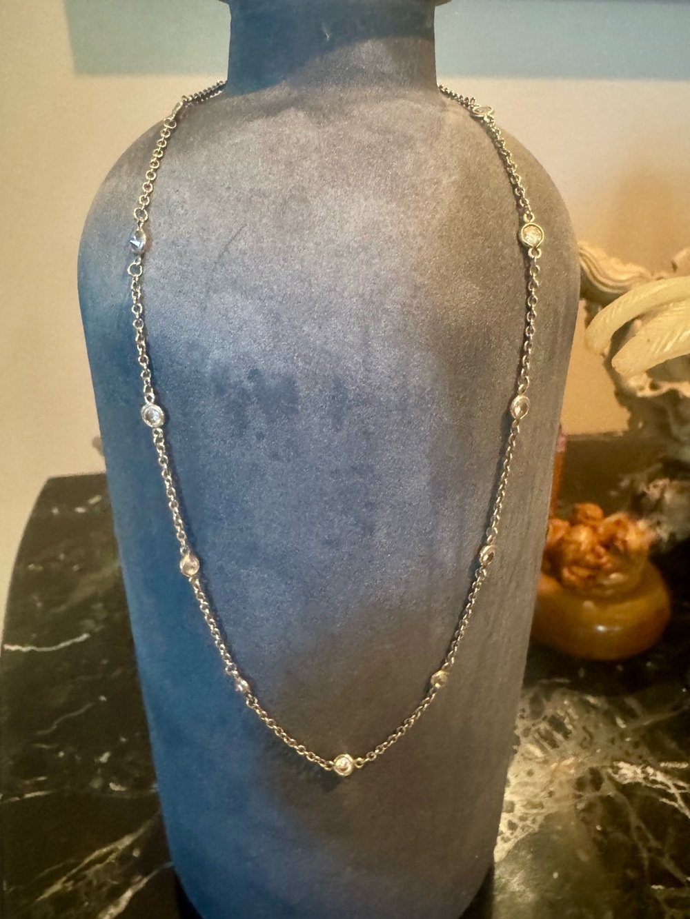 Long Silver Station Necklace with Clear Crystals